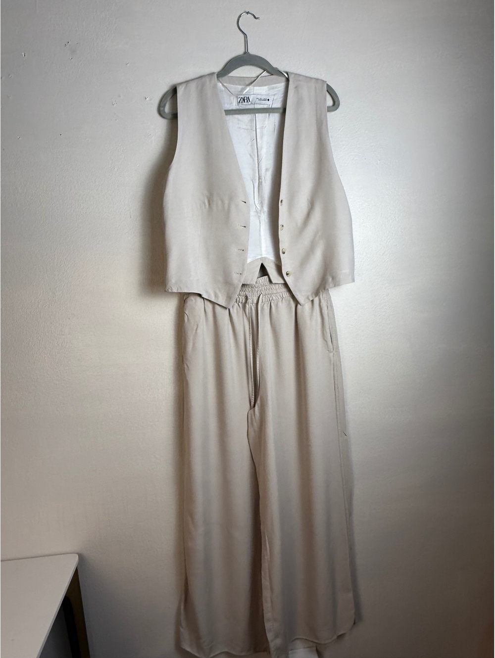 Zara Beige Twill Vest Wide Leg Pants Set Women’s L Minimalist
